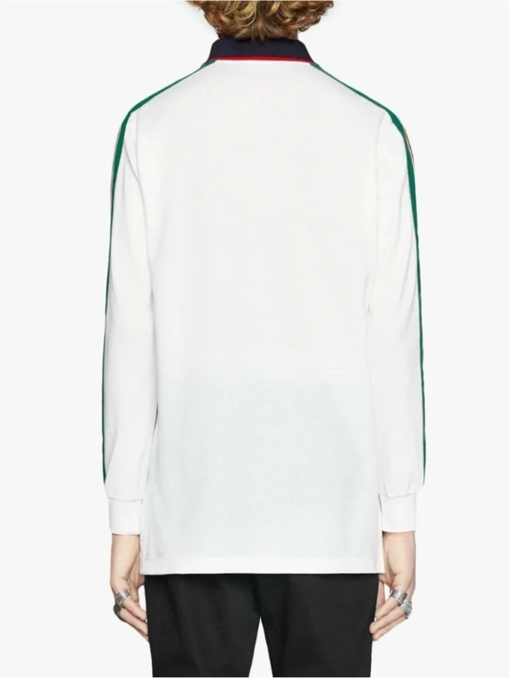 Gucci White Long-Sleeve Polo with Green & Red Shoulder Stripes